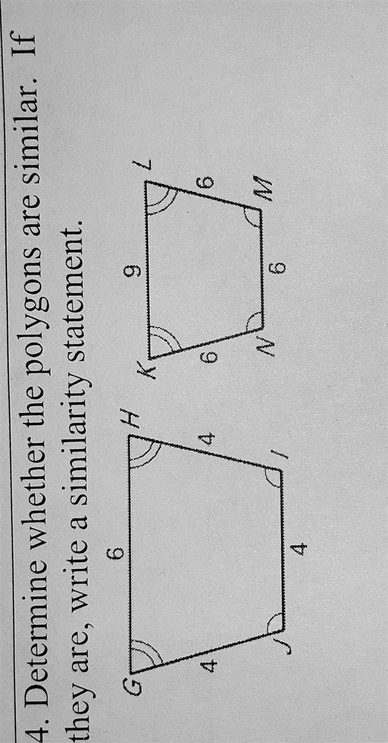 Determine whether the polygons are similar. If they are, write a similarity statement-example-1