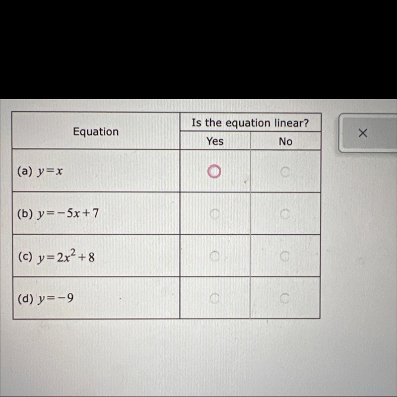 For each equation determine whether it’s linear(This is one question I do an online-example-1