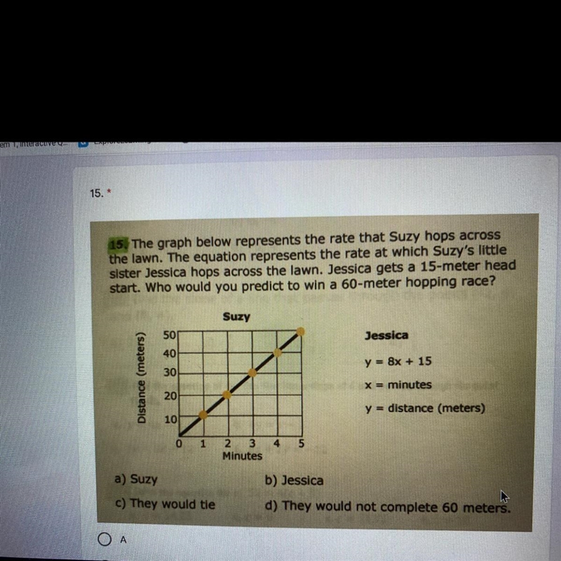 The graph below represents the rate that Suzy hops across the lawn. The equation represents-example-1