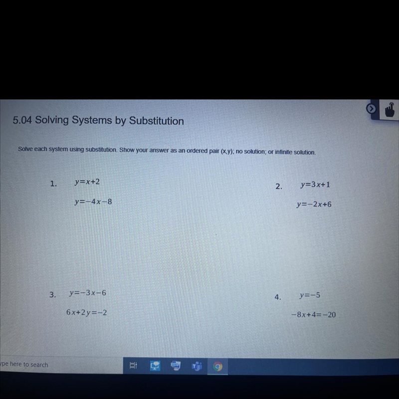 Solve each system using substitution show your answer as an ordered pair no solution-example-1