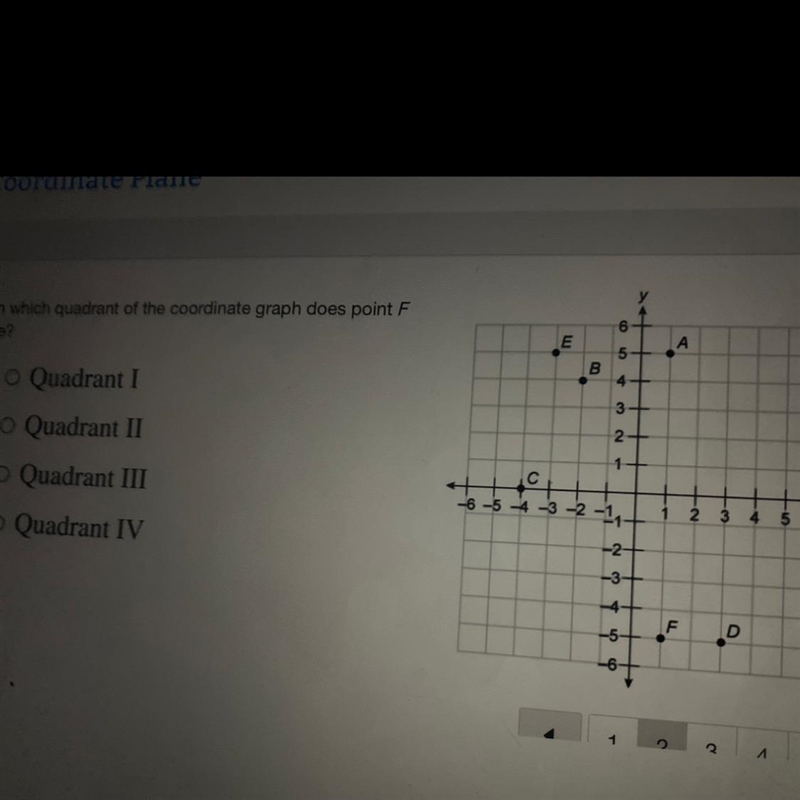 In which quadrant of the coordinate graph does point F ie? • Quadrant I o Quadrant-example-1