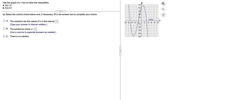 Use the graph of y=f(x) to solve the inequalities.a. f(x)<0b. f(x)≥0-example-1