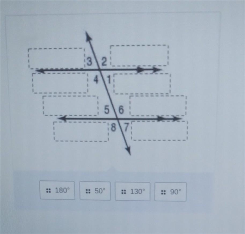 Drag and drop the correct estimated vales into the parallel lines cut by a transversal-example-1