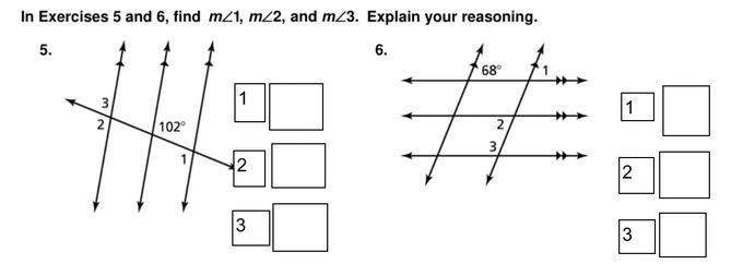 In exercises 5 and 6, find m∠1, m∠2, and m∠3-example-1