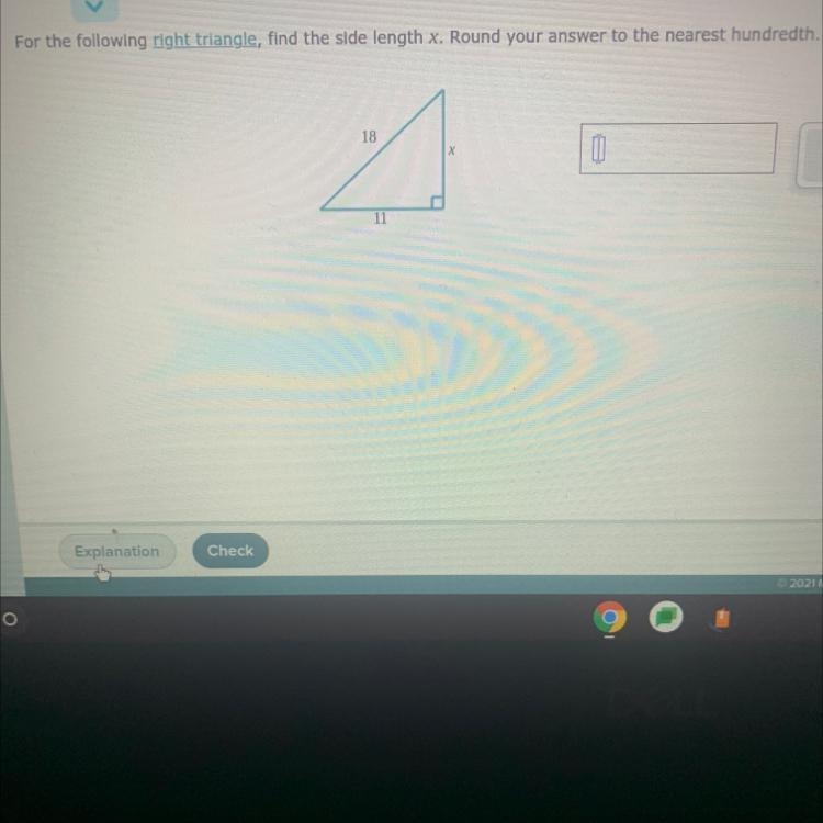 Pythagorean TheoremFor the following right triangle, find the side length x. Round-example-1