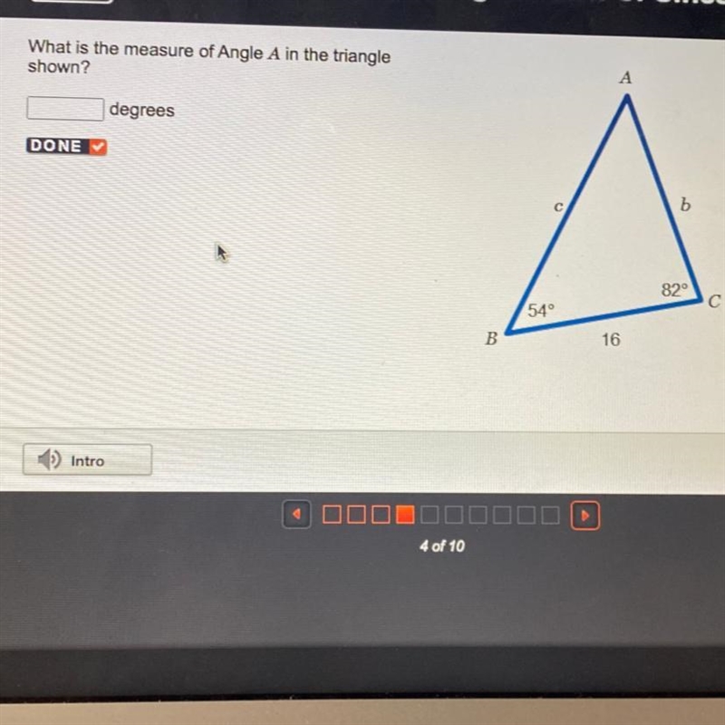 What is the measure of Angle A in the triangle shown?-example-1