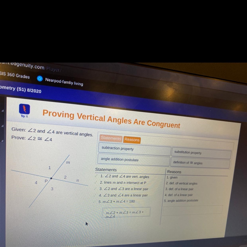 Statements1 22 and 24 are vert, angles2. lines m and n intersect at P3. 22 and 23 are-example-1