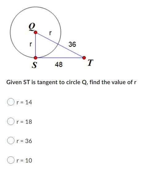 Given ST is tangent to circle Q, find the value of r-example-1