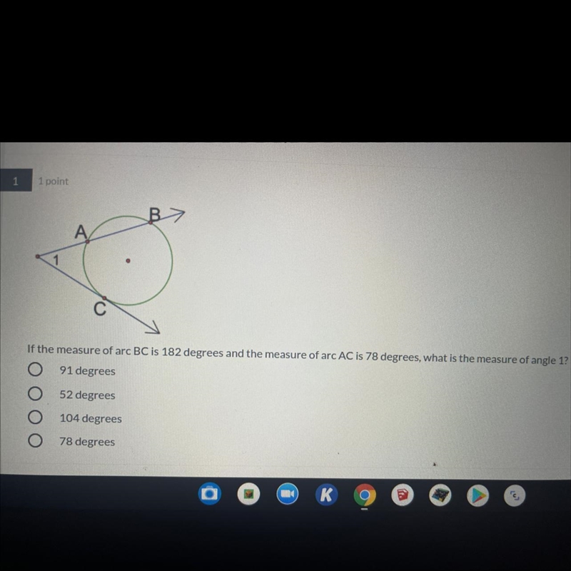 If the measure of arc BC is 182 degrees and the measure of arc AC is 78 degrees, what-example-1