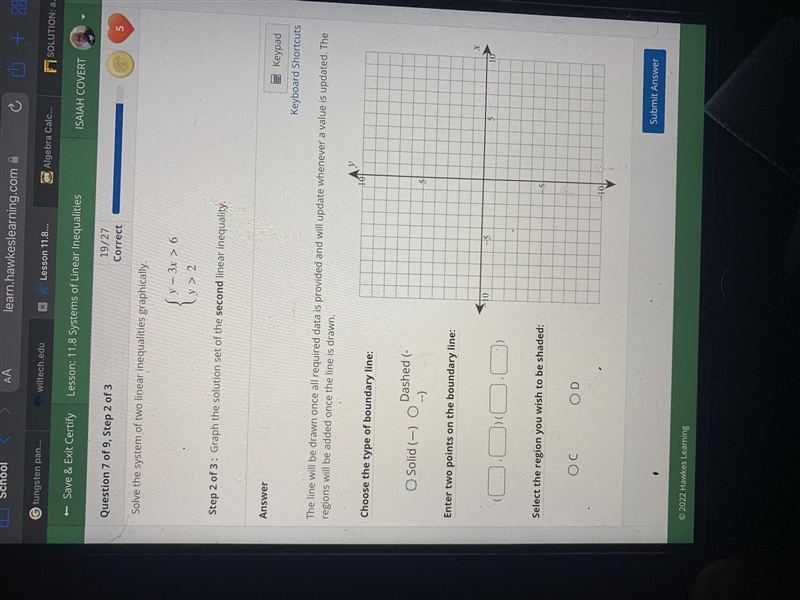 Solve the system of two linear inequalities graphically.ſ y y - 3x > 6.y > 2&gt-example-1