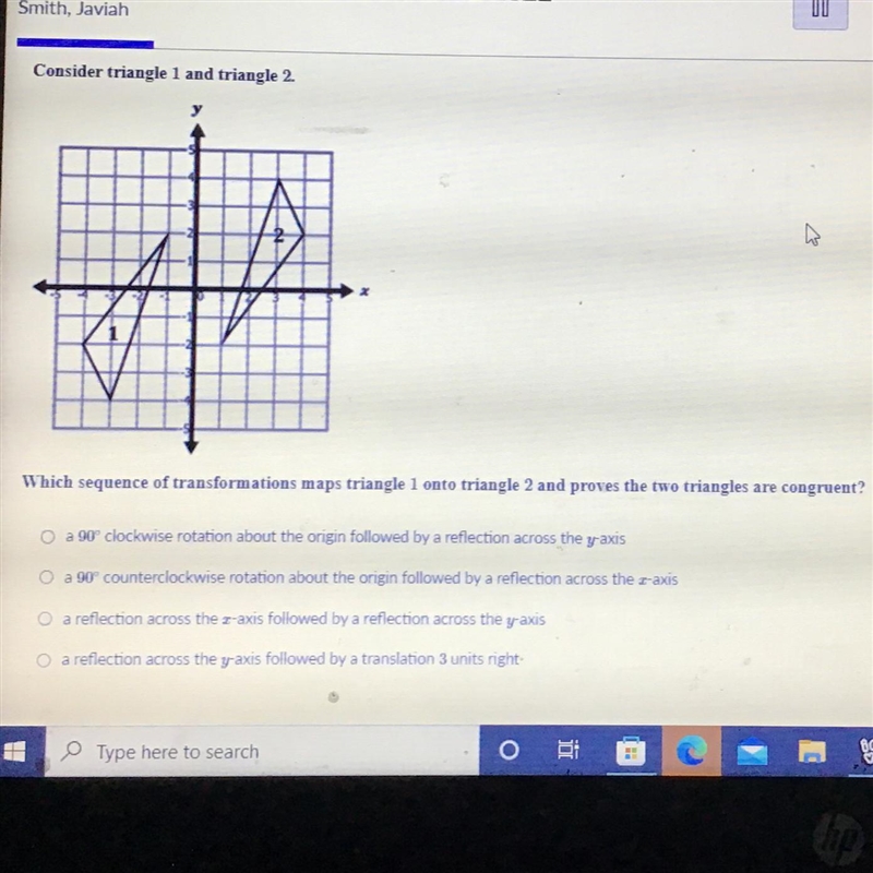 Consider triangle 1 and triangle 2. Which sequence of transformations maps triangle-example-1