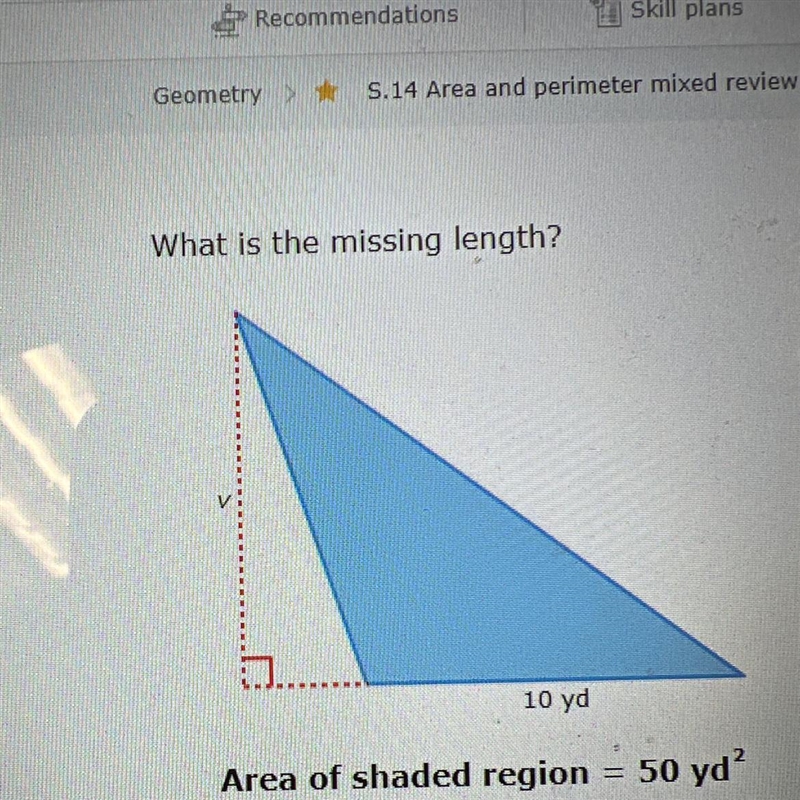 What is the missing length? 10 yd = Area of shaded region 50 yd?-example-1