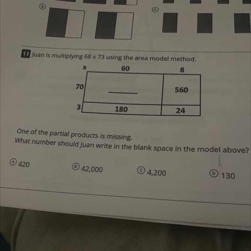 8 11 Juan is multiplying 68 x 73 using the area model method One of the partial products-example-1