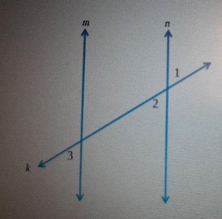 Two parallel lines, m and n, are cut by the transversal k as shown. suppose m∠1 = 60°. Complete-example-1