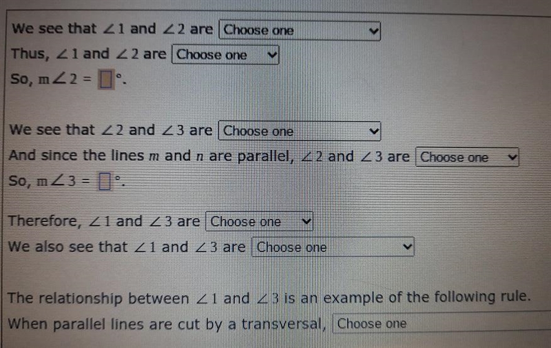 Two parallel lines, m and n, are cut by the transversal k as shown. suppose m∠1 = 60°. Complete-example-2