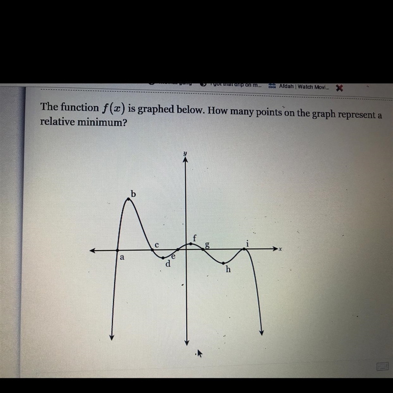 The function f(x) is graphed below. How many points on the graph represent arelative-example-1