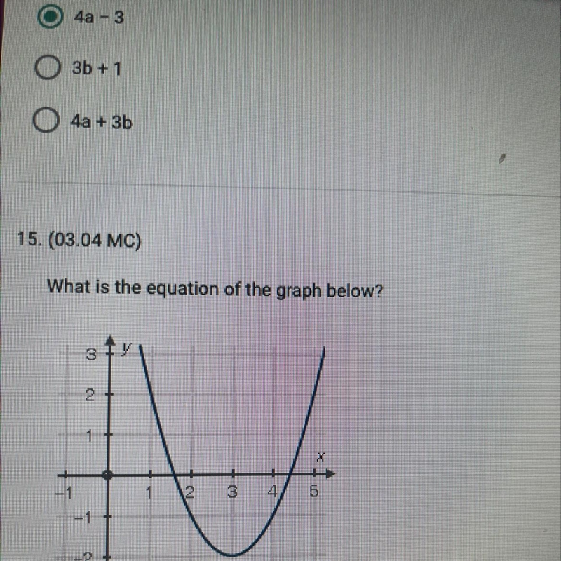 What is the equation of the graph below?Oy=-(x-3)²-2Oy=-(x + 2)²-3Oy=(x-3)²-2Oy=(x-example-1