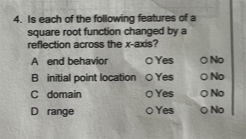 Is each of the following features of asquare root function changed by areflection-example-1