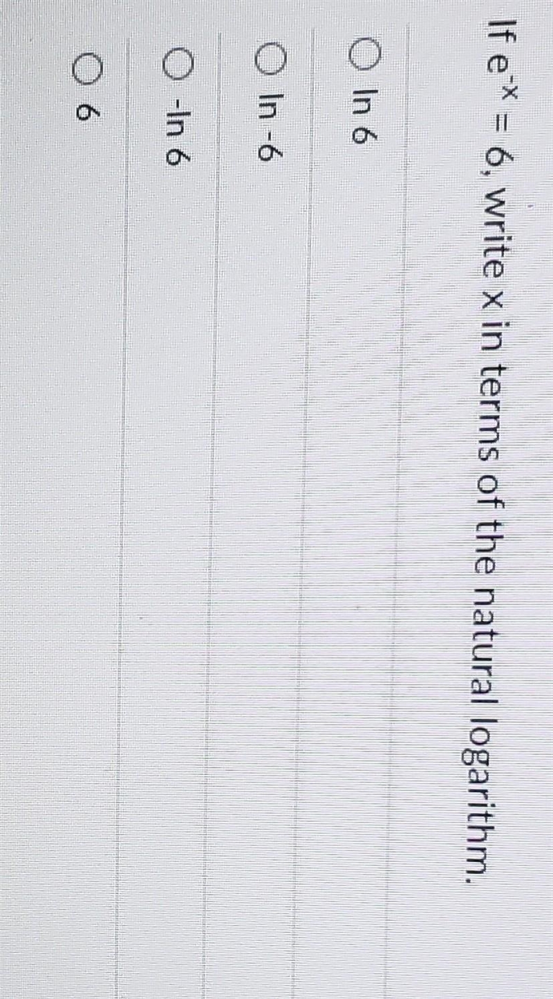 If e-X = 6. write x in terms of the natural logarithm. O In 6 In -6 O -In 6 06-example-1