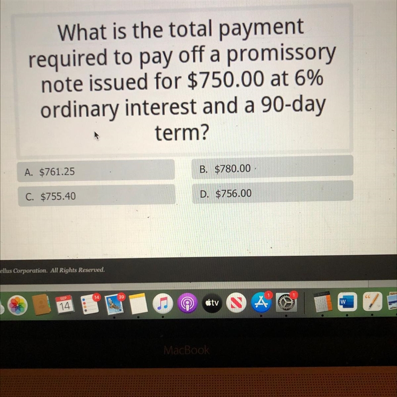 What is the total paymentrequired to pay off a promissorynote issued for $750.00 at-example-1