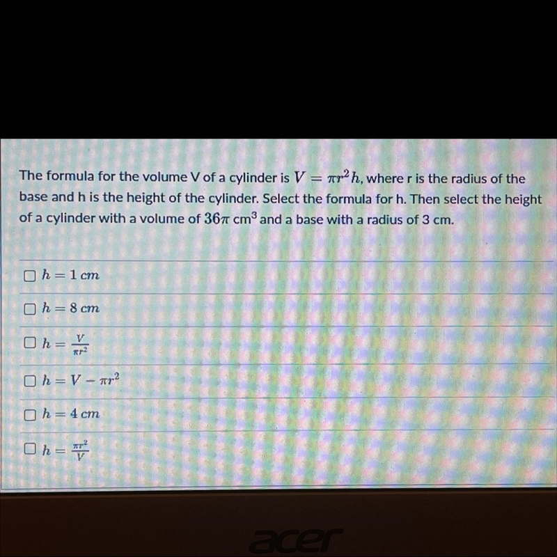 The formula for the volume V of a cylinder is V = T² h, where r is the radius of the-example-1