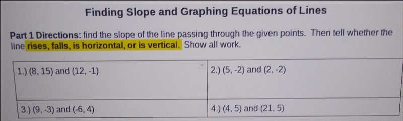 Finding Slope and Graphing Equations of Lines Part 1 Directions: find the slope of-example-1