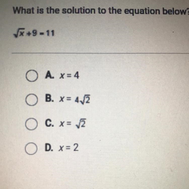 What is the solution to the equation below? square root + 9 = 11-example-1