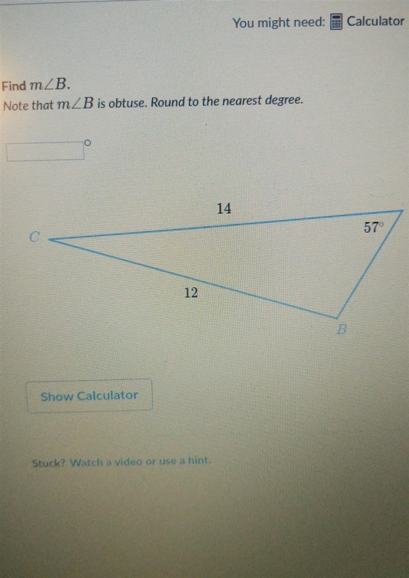 Solve triangles using law of sines , please show work thank you so much! find m-example-1