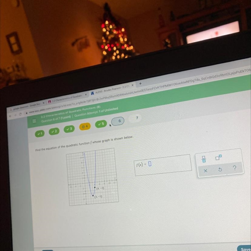 Find the equation of the quadratic function f whose graph is shown below.1086V681012(4, -2)(3,-5)-example-1