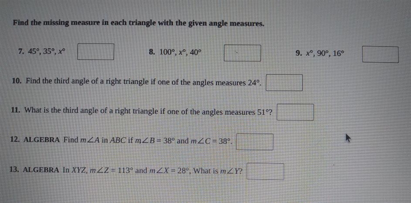 Find the missing measure in each triangle with the given angle measures-example-1