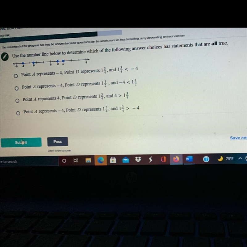 Use the number line below to determine which lf the following answer choices has statements-example-1