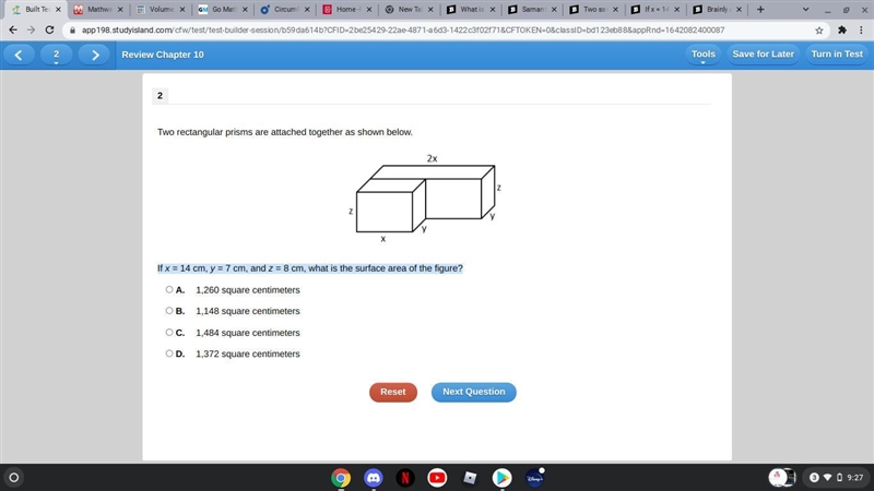 If x = 14 cm, y = 7 cm, and z = 8 cm, what is the surface area of the figure?-example-1