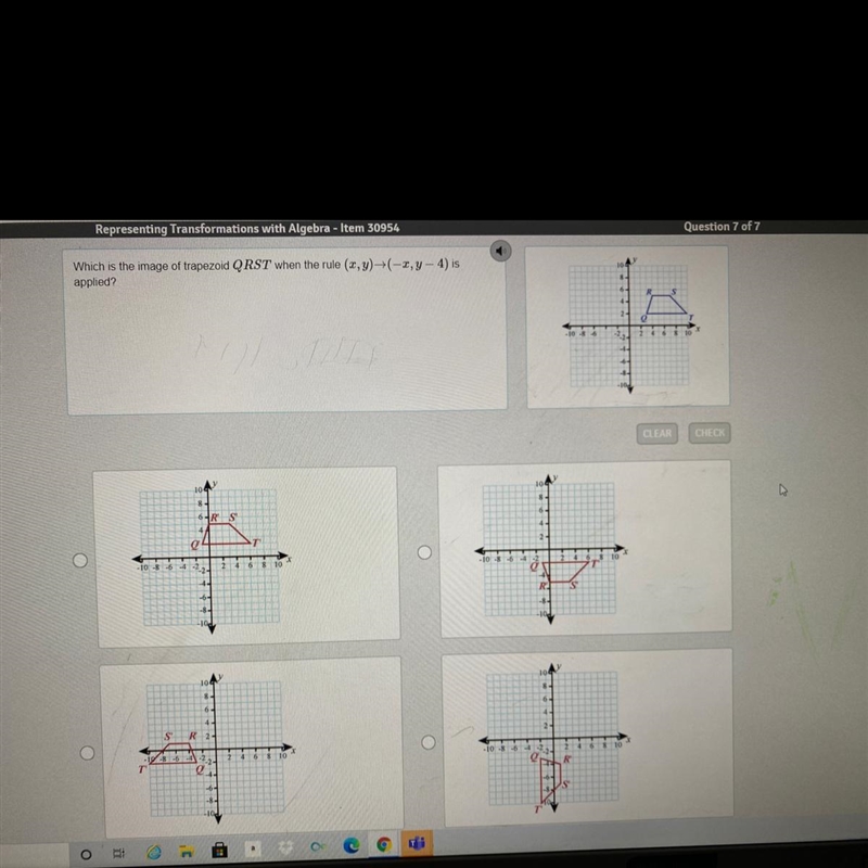 Which is the image of trapezoid QRST when the rule (x,y)—> (-x, y-4) is applied-example-1