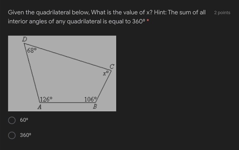 Given the quadrilateral below, What is the value of x?​-example-1