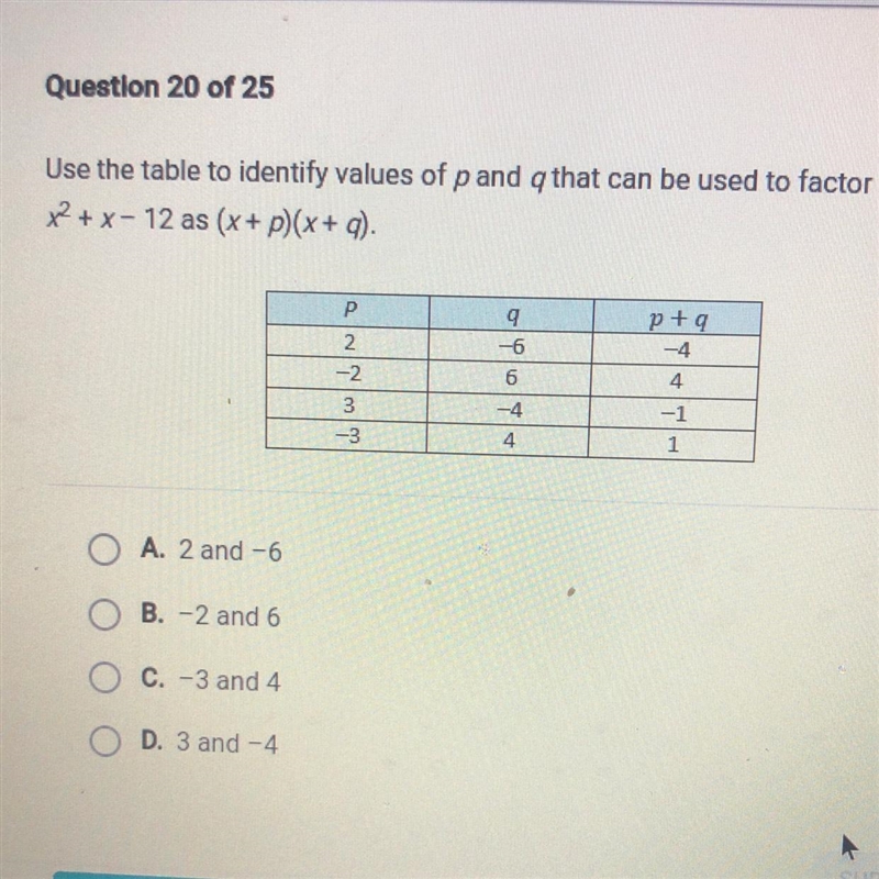 50 points Use the table to identify values of p and q that can be used to facto x-example-1