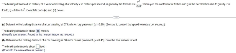 Part B onlyThe braking distance d, in meters, of a vehicle traveling at a velocity-example-1