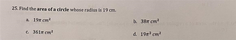 Find the area of a circle whose radius is 19 cm-example-1