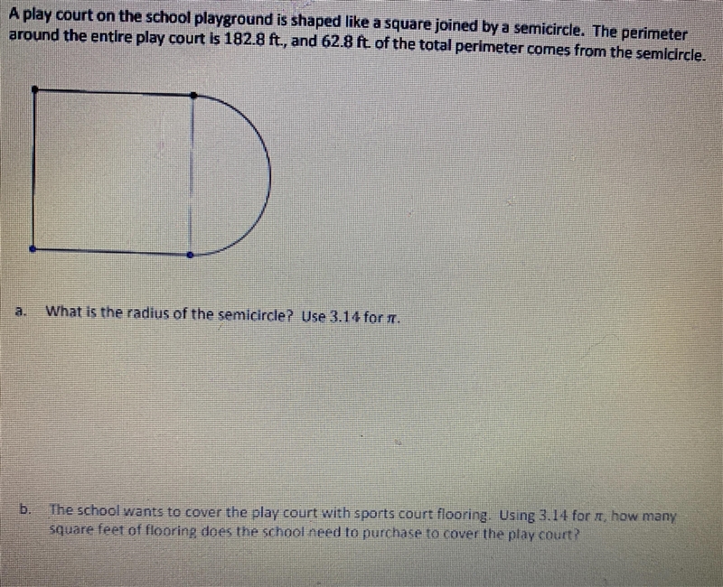 A play court on the school playground is shaped like a square joined by a semicircle-example-1