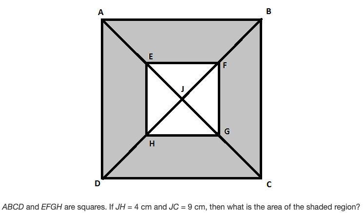 ABCD and EFGH are square. If JH = 4 cm and JC = 9 cm, then what is the area of the-example-1