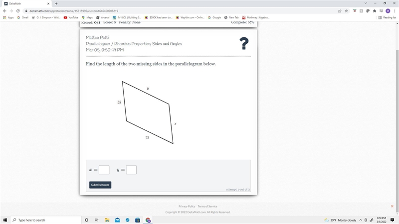 Find the length of the two missing sides in the parallelogram below.-example-1