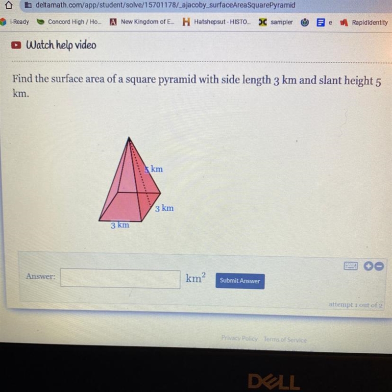 Find the surface area of a square pyramid with side length 3km and slant height 5km-example-1