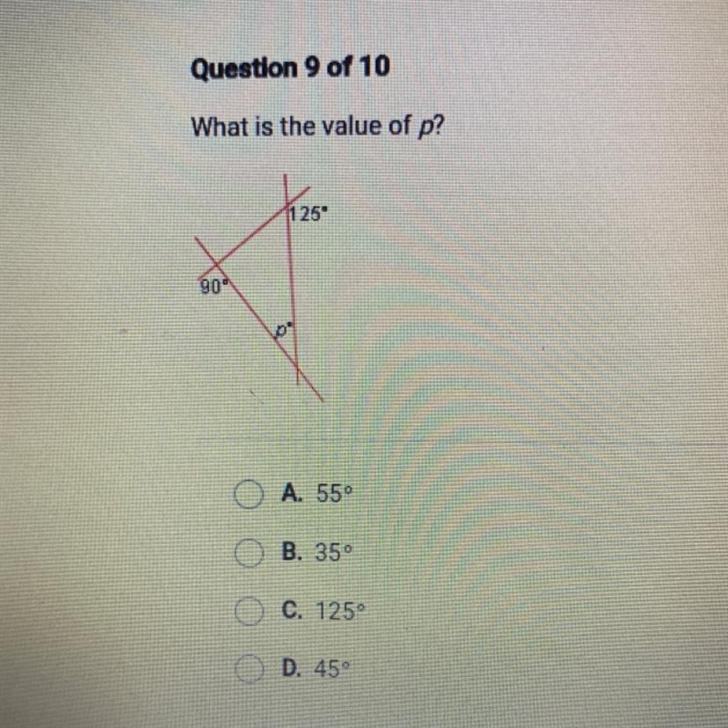 What is the value of p? A. 55º B. 35° C. 125 D. 45°-example-1