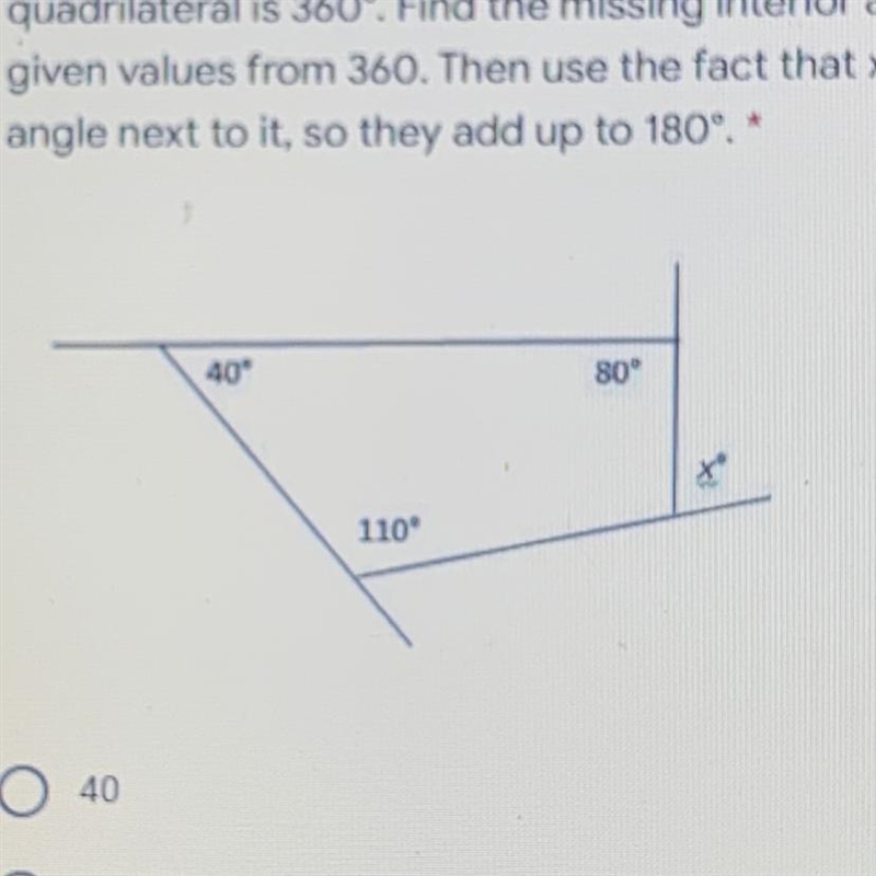 1 point 4. Find the value of x. *HINT: The sum of the interior angles of a quadrilateral-example-1