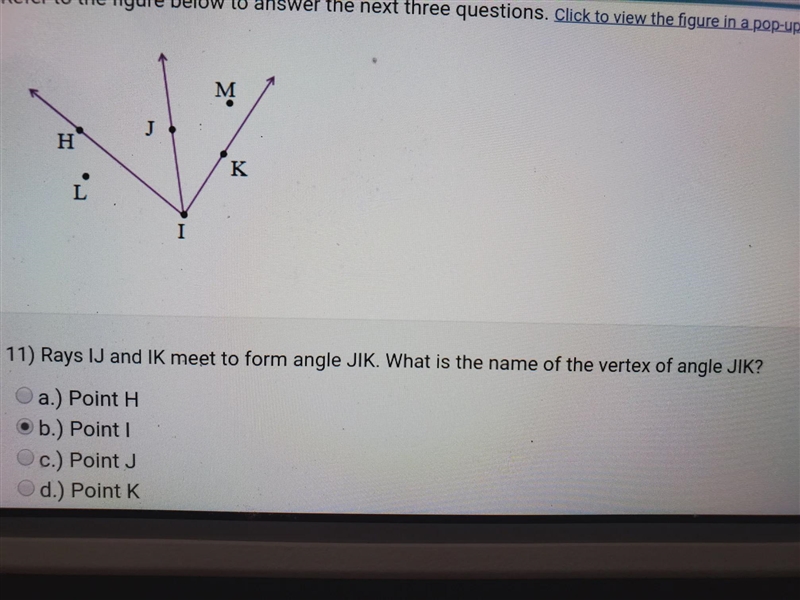 Ray's IJ and IK meet to form angle JIK. what is the name of the vertex of angle JIK-example-1