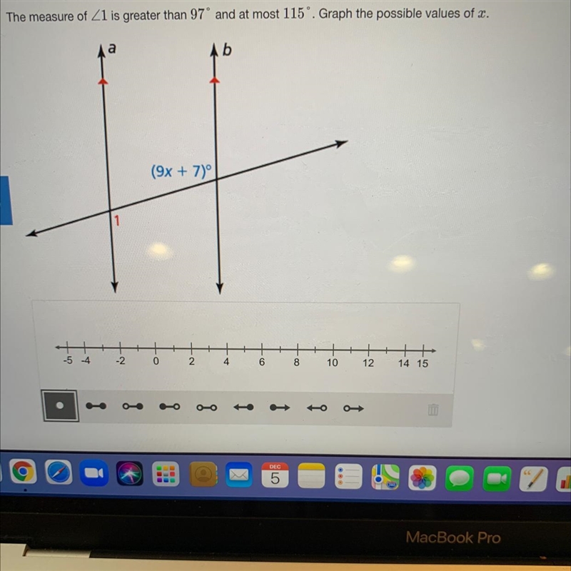 The measure of angle 1 is greater than 97 degrees and at most 115. Graph the possible-example-1