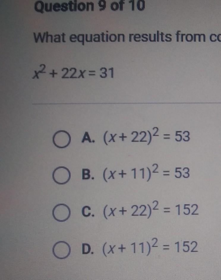 What equation results from completing the square and then factoring? X^2+22x=31-example-1