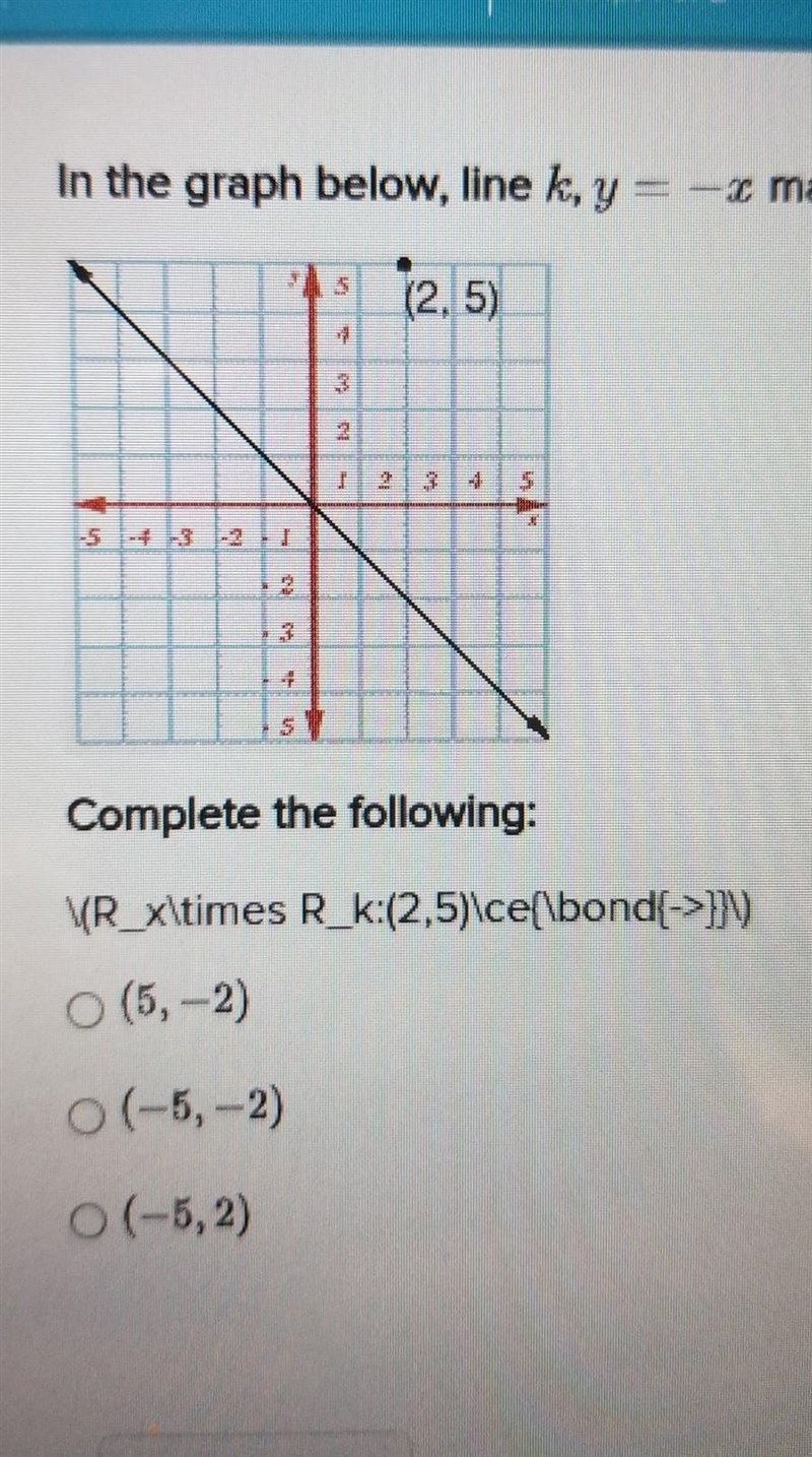 In the graph below line k y equals negative X makes a 45° angle with the x - 4 y axes-example-1