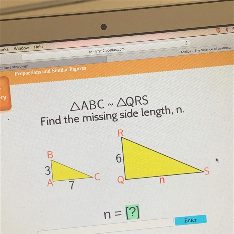 Recovery2AABC ~ AQRSFind the missing side length, n.Help ResourcesB3A7nn = [?]EnterRihte-example-1