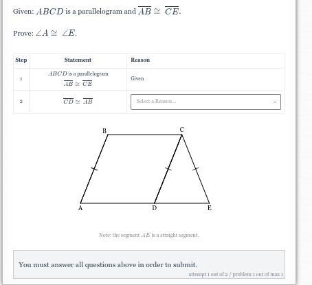 Choose the correct reason for the given statementsStatements:2. CD≅ AB3. CD≅ CE4. ∠E-example-1