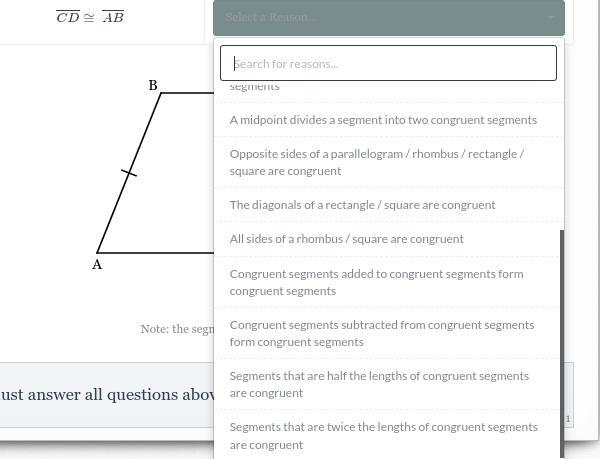 Choose the correct reason for the given statementsStatements:2. CD≅ AB3. CD≅ CE4. ∠E-example-3